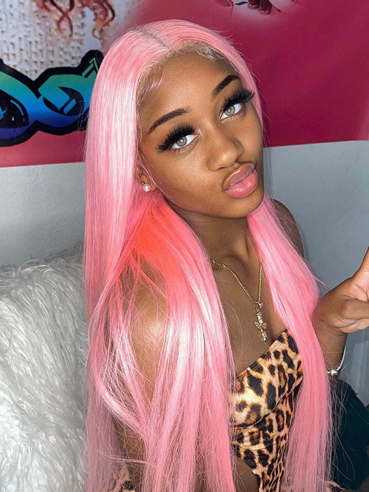 CurledByMe Light Ash Pink Straight Lace Front Wig