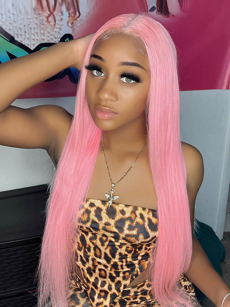 CurledByMe Light Ash Pink Straight Lace Front Wig