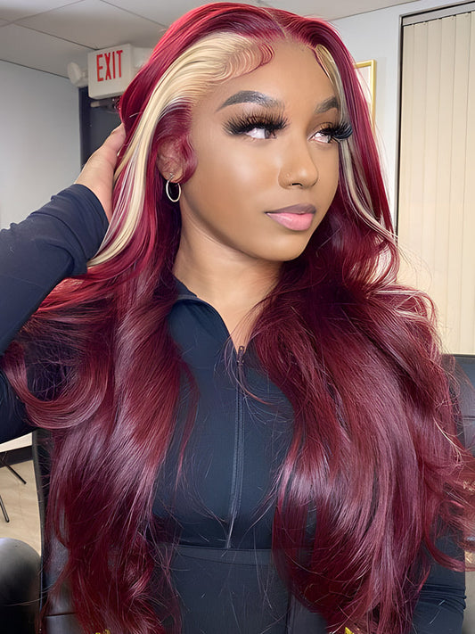 CurledByMe Burgundy & Blonde Skunk Stripe Lace Front Wig