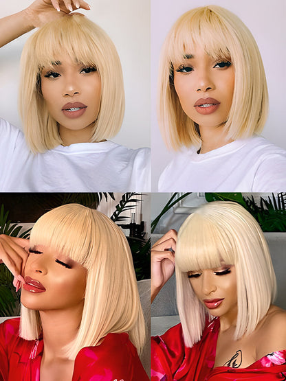 CurledByMe 613 Blonde Bob Wig with Bangs (No Lace, Straight)